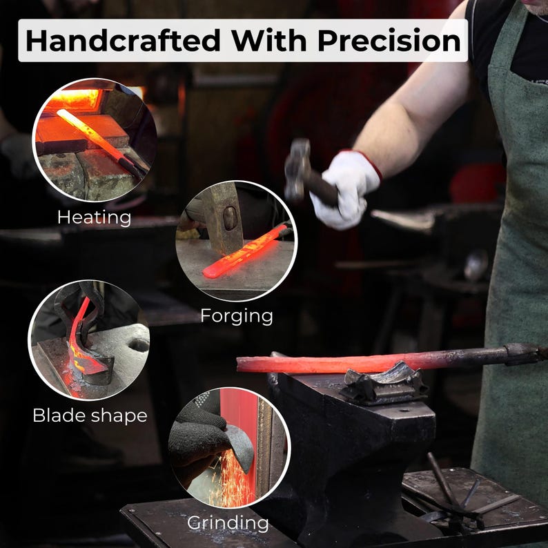 May include: Image showing the process of handcrafted metalwork. The steps include heating, forging, blade shaping, and grinding. The text "Handcrafted With Precision" is at the top of the image.