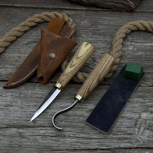 Set of 3 Wood Carving Tool. Sharp Carbon Steel Blades, Ash Wood Handles, Leather Sheaths. Spoon Carving Knives with Sharpening Board.
