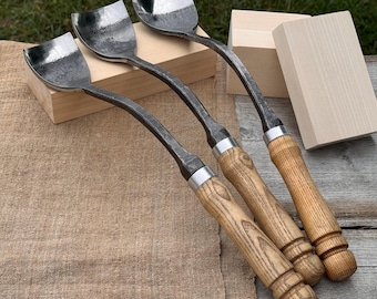Hand-Forged Swan Neck Gouges for Wood Carving. 52100 Carbon Steel Blades, Ash Handles. Gouges for Spoon, Bowl and Sculptural Carving.
