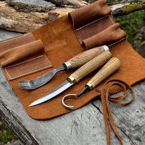 3-Piece Spoon Carving Tool Set – Hand-Forged Razor Sharp Carbon Steel Blades, Ergonomic Ash Wood Handles, Leather Roll | Wood Carving Kit