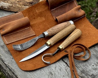 3-Piece Spoon Carving Tool Set – Hand-Forged Razor Sharp Carbon Steel Blades, Ergonomic Ash Wood Handles, Leather Roll | Wood Carving Kit