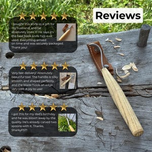 May include: A hook knife with a wooden handle and a curved blade, shown with a leather sheath. The image includes customer reviews with text and star ratings. The word "Reviews" is displayed at the top.