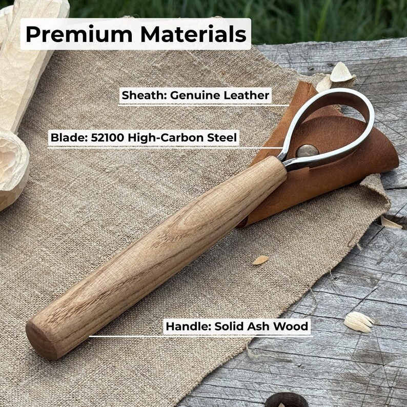 Lepel Carving Schorpioenmes. Vlijmscherp mes. Handgesmeed van 52100-koolstofstaal, ergonomisch essenhouten handvat, met leren schede. Houtsnijwerk. afbeelding 6