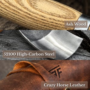 May include: A composite image showing three materials: a light-colored ash wood handle with visible grain, a curved 52100 high-carbon steel blade with a metallic finish, and a brown crazy horse leather sheath featuring a stamped geometric logo.