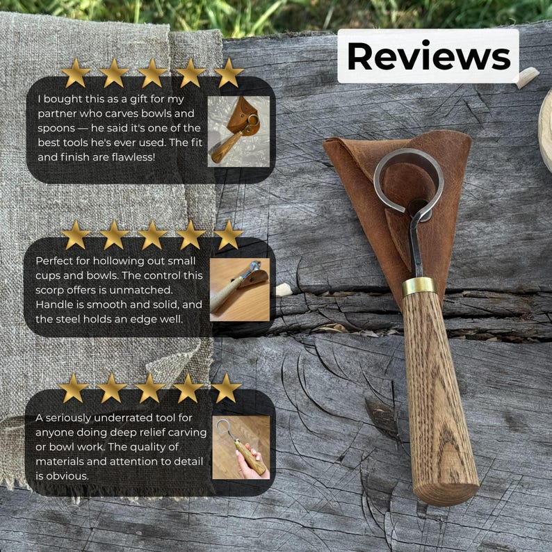 May include: A wood carving scorp tool with a curved blade and wooden handle. The tool is shown with a leather sheath and customer reviews. The reviews highlight the tool's quality and suitability for carving bowls and spoons.