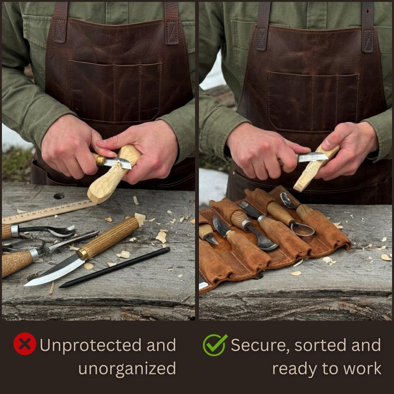 Genuine Leather Tool Roll with 8 Pockets. Universal Leather Crazy Horse. Tool Storage Bag. Roll for Chisels, Gouge, Knives and Garage Tools image 2