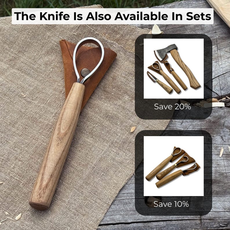 May include: A wood carving knife with a curved blade and a wooden handle, resting on a brown leather sheath. The text "The Knife Is Also Available In Sets" is at the top. Additional images show sets of carving tools.
