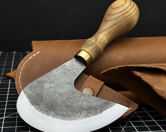 Round Knife for Leather Work. Razor Sharp Blade. Head Knife. Hand Forged from Hardened Carbon 52100 Steel, Ergonomic Handle, with Sheath