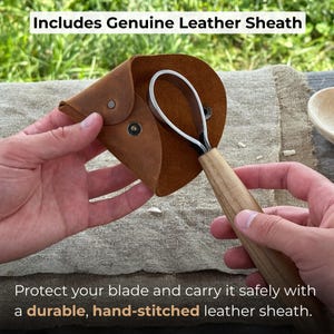 May include: A wood carving knife with a curved blade and wooden handle is shown inside a brown leather sheath. The text reads, "Includes Genuine Leather Sheath" and "Protect your blade and carry it safely with a durable, hand-stitched leather sheath."