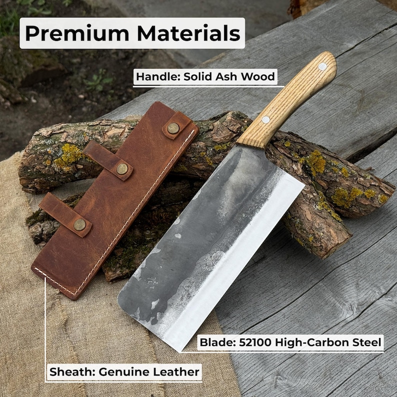 Puede incluir: Un cuchillo de carnicero con mango de madera maciza de fresno y hoja de acero con alto contenido de carbono 52100. El cuchillo descansa junto a una funda de cuero marr&oacute;n. El texto "Premium Materials" est&aacute; en la parte superior de la imagen.