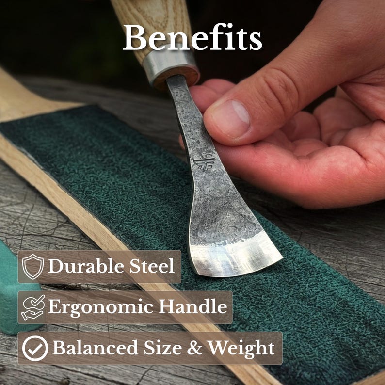 May include: A metal carving tool with a wooden handle being sharpened on a green leather strop. The text reads: Benefits, Durable Steel, Ergonomic Handle, Balanced Size & Weight. The tool features a stamped logo on the textured metal blade surface.