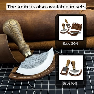 Ledermesser Rund. Rasiermesserscharfe Klinge. Halbmond Messer. Handgeschmiedet aus gehärtetem Carbon 52100 Stahl, ergonomischer Griff, mit Lederscheide Bild 10