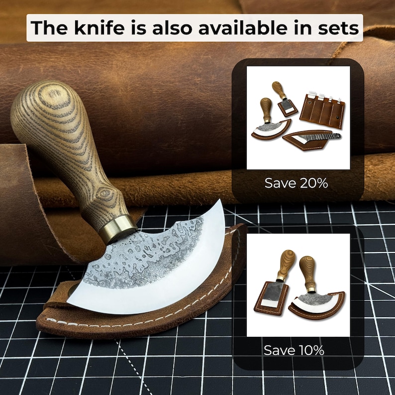 Ledermesser Rund. Rasiermesserscharfe Klinge. Halbmond Messer. Handgeschmiedet aus gehärtetem Carbon 52100 Stahl, ergonomischer Griff, mit Lederscheide Bild 10