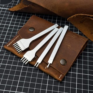 4-Piece Leather Craft Diamond Pricking Iron Set. 1+2+4+6 mm Prongs Diamond Tool Set. Premium Steel, Ergonomic Size, with Leather Case. Gift