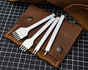 4-teiliges Stopf-Set aus Leder und Diamant. 1+2+4+6 mm Zinken Diamant Werkzeug Set. Premium-Stahl, ergonomische Größe, mit Ledertasche. Geschenk