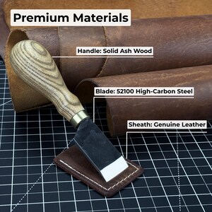 Straight Skiving Knife. Razor Sharp Blade. Leather Japanese Knife. Hand Forged from Hardened Carbon 52100 Steel, Ash Handle, with Sheath. image 7