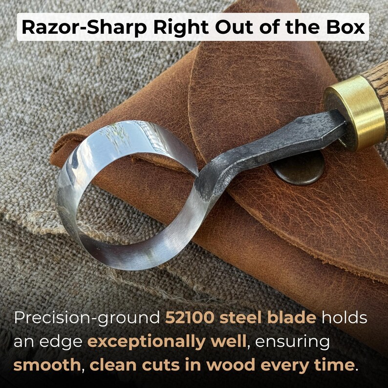 May include: A silver steel carving knife with a curved blade, set against a brown leather pouch. The text "Razor-Sharp Right Out of the Box" is at the top. The text "Precision-ground 52100 steel blade holds an edge exceptionally well, ensuring smooth, clean cuts in wood every time." is at the bottom.