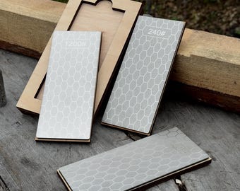Juego de piedras de afilar de diamante con soporte de madera. Piedras de afilar de grano 240/600/1200 para cuchillos, cinceles, herramientas para tallar madera y trabajar la madera.