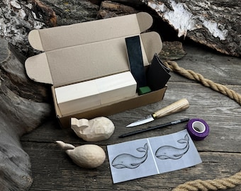 Wood Carving Kit For Hobbies. Carving a Wooden Whale. Sharp Hand Forged Carving Steel Knife, Ergonomic Handle. Adults and Hobbies. Gift Men.