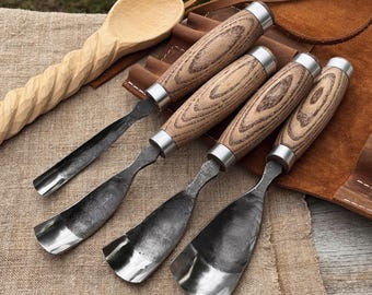Wood Carving Bent Gouges. Forged Carbon Steel Blades, Ash Handles, Leather Roll. Tools for Bowl, Spoon and Sculptural Carving.