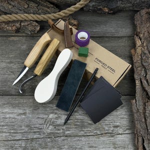 Spoon Carving Kit for Hobby. Wood Carving Kit. Sharp Hand Forged Carving Steel Knife, Ergonomic Handle. Wood Carving Beginners Kit. Gift Men