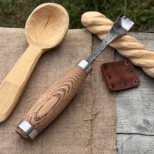 Hand-Forged Spoon Carving Gouge – 52100 Carbon Steel Blade, Ash Handle, Leather Sheath – Curved Chisel for Bowls, Cups. Wood Carving Tool.