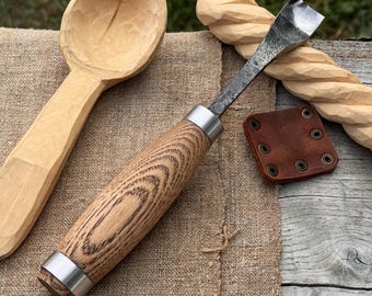 Hand-Forged Spoon Carving Gouge – 52100 Carbon Steel Blade, Ash Handle, Leather Sheath – Curved Chisel for Bowls, Cups. Wood Carving Tool.