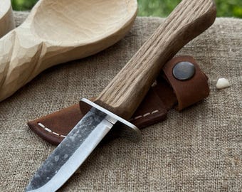 Woodcarving Knife For Children And Beginners. Sharp Carbon Steel Blade, Ash Wood Handle, Leather Sheath. Safety Knife For Sculptural Carving