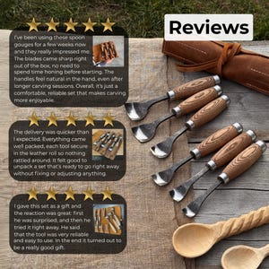 May include: A set of wood carving gouges with wooden handles and metal blades. The tools are displayed on a wooden surface, alongside a carved wooden spoon and a leather roll. The word "Reviews" is visible.