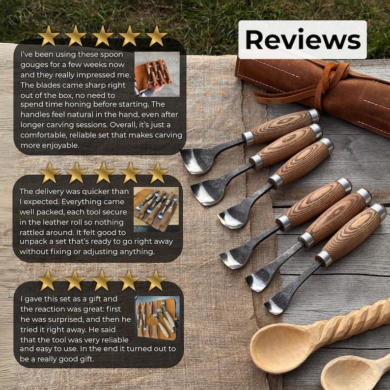 May include: A set of wood carving gouges with wooden handles and metal blades. The tools are displayed on a wooden surface, alongside a carved wooden spoon and a leather roll. The word "Reviews" is visible.