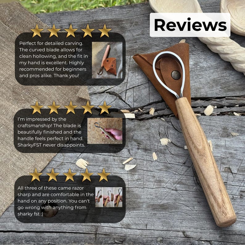 May include: A wood carving tool with a curved blade and a wooden handle. The tool is designed for detailed carving and clean hollowing. The image also includes customer reviews.
