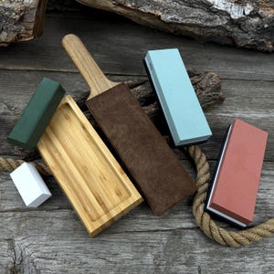 Universal Set For Sharpening Tools. Quality Stones, Durable Wooden Stand, Leather Strop and Polishing Paste. Stones For Sharpening Knives.
