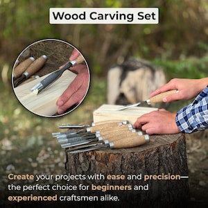 May include: A wood carving set featuring multiple chisels with light brown wooden handles and metal blades. The set includes a circular inset showing a chisel carving into a block of wood. The text Wood Carving Set is visible at the top.