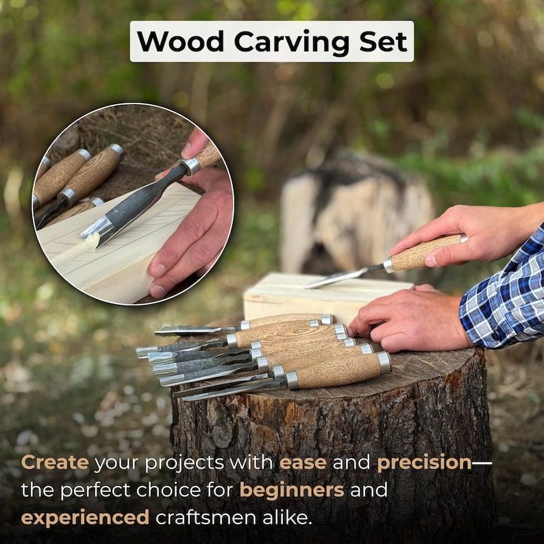 May include: A wood carving set featuring multiple chisels with light brown wooden handles and metal blades. The set includes a circular inset showing a chisel carving into a block of wood. The text Wood Carving Set is visible at the top.