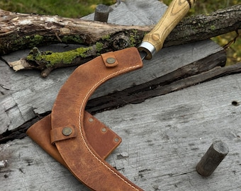 Forged Gardening Sickle – 52100 Carbon Steel Blade, Ash Handle – Harvesting Sickle with Leather Sheath & Belt Loop. Boline