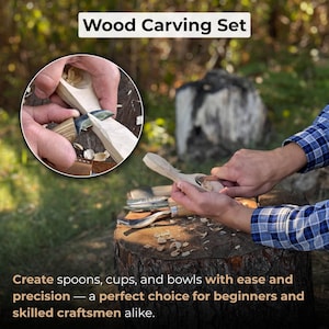 Pode incluir: Um conjunto de entalhe em madeira com o texto "Wood Carving Set". A imagem mostra uma pessoa entalhando madeira com uma faca. O texto abaixo da imagem diz: "Crie colheres, x&iacute;caras e tigelas com facilidade e precis&atilde;o - uma escolha perfeita para iniciantes e artes&atilde;os qualificados."