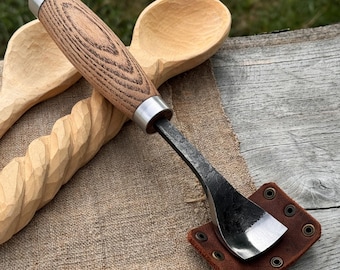 Hand-Forged Spoon Carving Gouge. Carbon 52100 Steel Blade, Wood Ash Handle, Leather Sheath. Woodworking Chisel for Spoon and Bowl Projects.