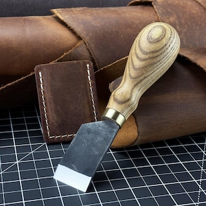 Straight Skiving Knife. Razor Sharp Blade. Leather Japanese Knife. Hand Forged from Hardened Carbon 52100 Steel, Ash Handle, with Sheath.