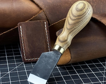 Straight Skiving Knife. Razor Sharp Blade. Leather Japanese Knife. Hand Forged from Hardened Carbon 52100 Steel, Ash Handle, with Sheath.