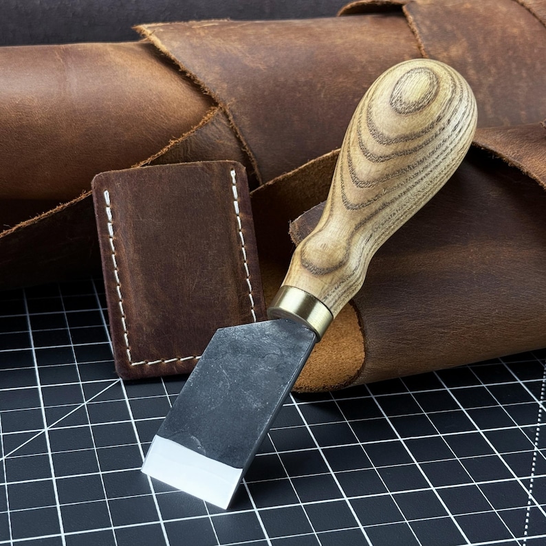 Straight Skiving Knife. Razor Sharp Blade. Leather Japanese Knife. Hand Forged from Hardened Carbon 52100 Steel, Ash Handle, with Sheath. image 1