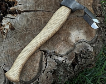 Curved Blade Wood Carving Adze. Hand Forged Hardened Carbon Steel, Ergonomic Ash Wood Handle. Spoon and Bowl Carving Tool for Woodworkers.