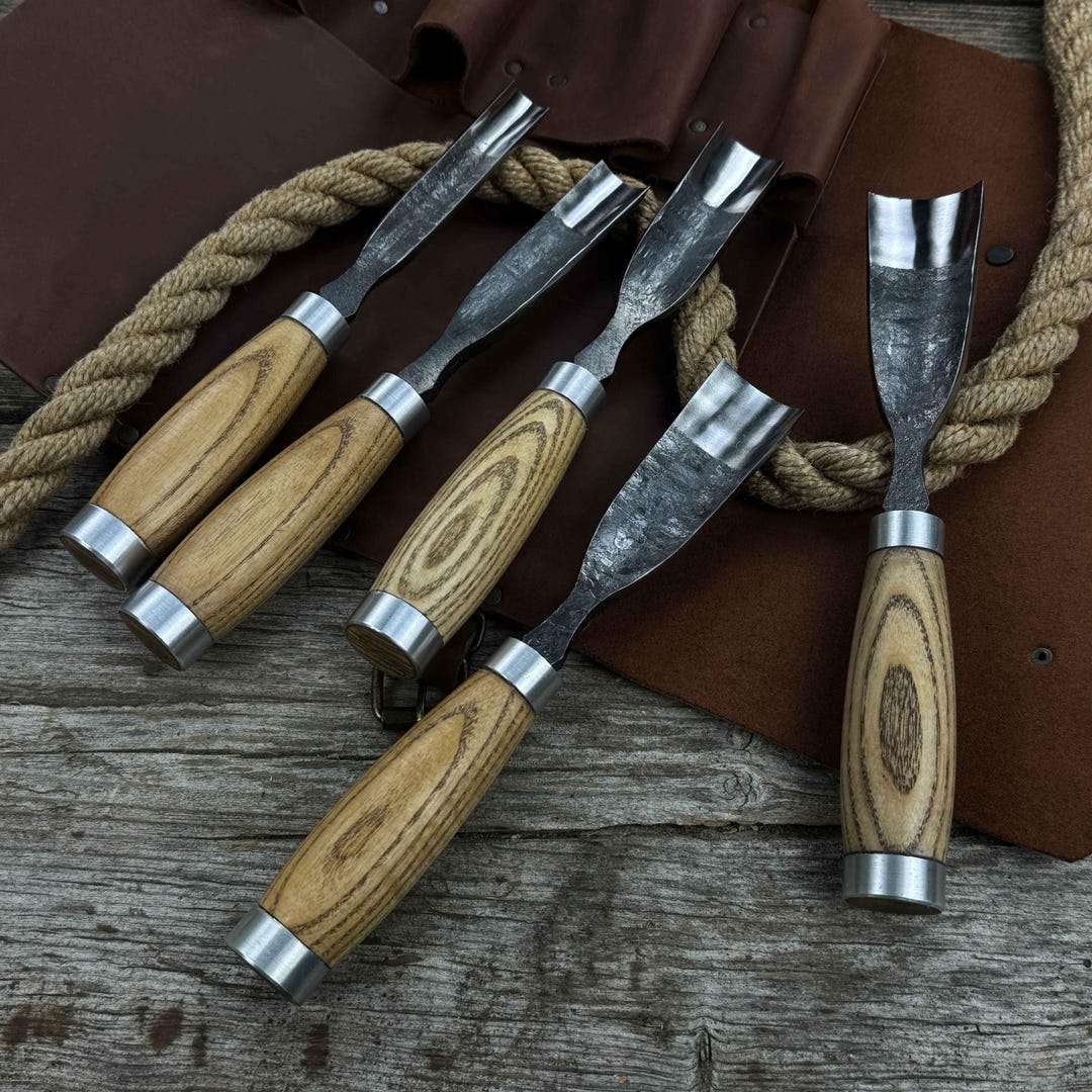Set of 5 Wood Carving Gouges. 52100 Carbon Steel Blades, Ash Wood ...