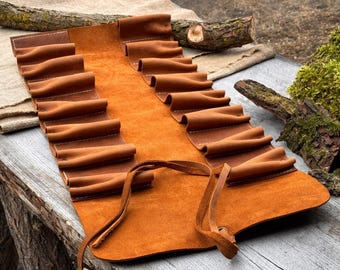 Genuine Leather Tool Roll with 15 Pockets. Universal Leather Crazy Horse. Tool Storage Bag. Roll for Chisels, Gouge, Knives and Garage Tools