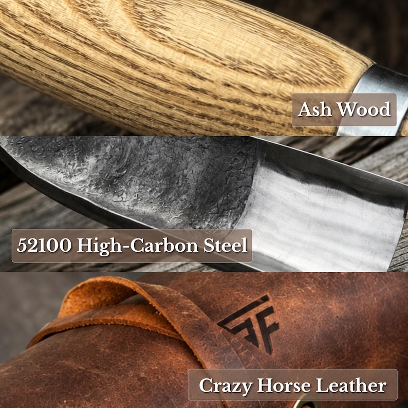May include: A composite image showing three materials: a light-colored ash wood handle with visible grain, a dark 52100 high-carbon steel blade with a textured finish, and a brown Crazy Horse leather sheath featuring a stamped logo and strap.