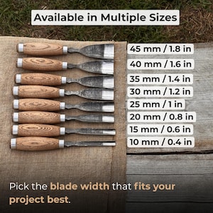 May include: A set of eight wood carving chisels with light brown wooden handles and silver metal ferrules, featuring steel blades of varying widths. Text labels indicate sizes from 10 mm / 0.4 in to 45 mm / 1.8 in. The text reads Available in Multiple Sizes.