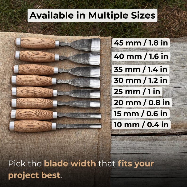 May include: A set of eight wood carving chisels with light brown wooden handles and silver metal ferrules, featuring steel blades of varying widths. Text labels indicate sizes from 10 mm / 0.4 in to 45 mm / 1.8 in. The text reads Available in Multiple Sizes.