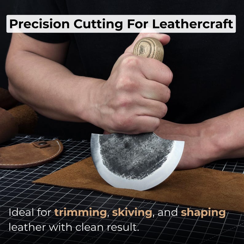 Leather Half Moon Knife. Razor Sharp Blade. Head Knife. Hand Forged from Hardened Carbon 52100 Steel, Ash Wood Handle, with Leather Sheath image 2
