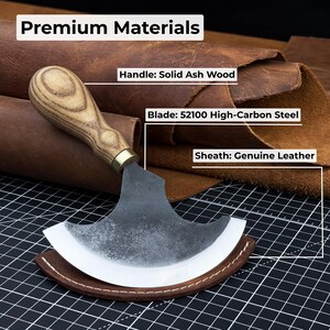 Leather Round Knife (Half Moon). Razor Sharp Blade. Hand Forged From hardened Carbon 52100 Steel, Ergonomic Ash Handle, with Leather Sheath image 7