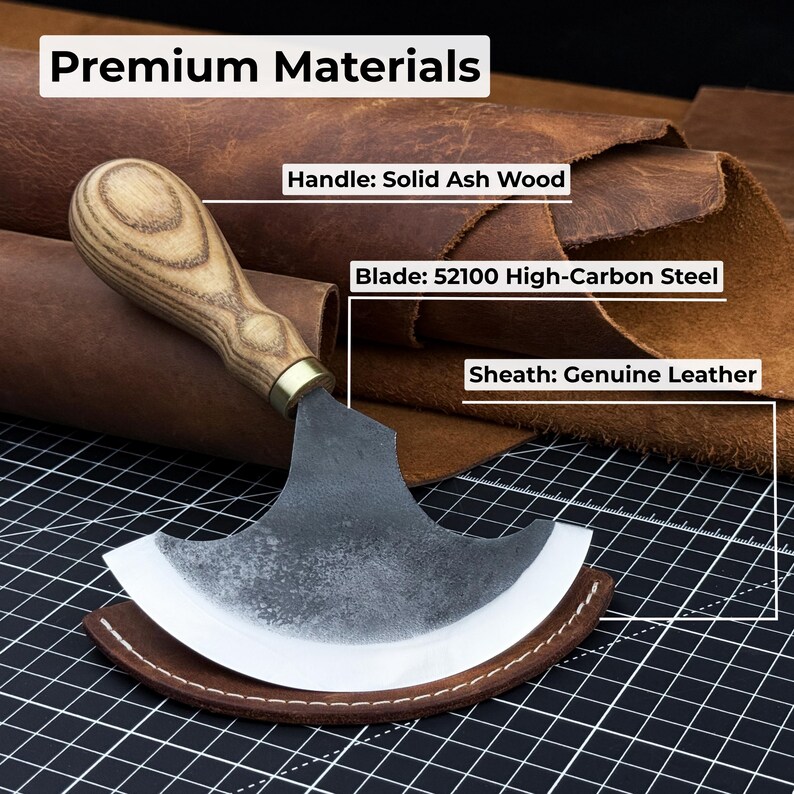 Leather Round Knife (Half Moon). Razor Sharp Blade. Hand Forged From hardened Carbon 52100 Steel, Ergonomic Ash Handle, with Leather Sheath image 7