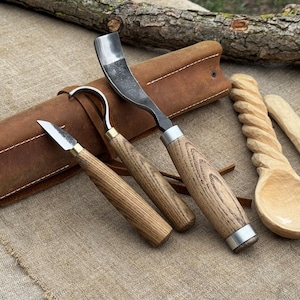 Hand Forged 3-Piece Spoon Carving Tool Set for Beginners, 52100 Carbon Steel, Ash Wood